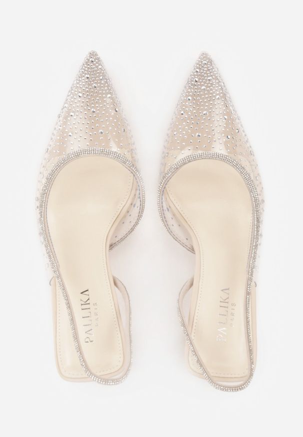 Born2be - Beżowe Transparentne Szpilki z Odkrytą Piętą Ozdobione Cyrkoniami Krisqirelle. Okazja: na spotkanie biznesowe, na co dzień. Kolor: beżowy. Wzór: aplikacja. Obcas: na szpilce. Styl: elegancki, biznesowy, klasyczny, casual