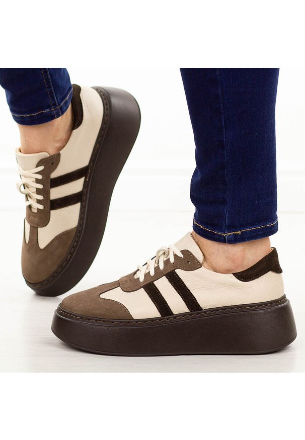 DEONI - Beżowe skórzane sneakersy damskie Deoni D632. Okazja: na co dzień. Nosek buta: okrągły. Zapięcie: sznurówki. Kolor: beżowy. Szerokość cholewki: normalna. Materiał: skóra. Sezon: wiosna, jesień. Obcas: na platformie. Styl: elegancki, casual, sportowy, klasyczny