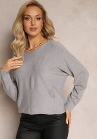 Renee - Szary Sweter Dzianinowy z Rękawem Nietoperz Almina. Kolor: szary. Materiał: dzianina. Długość rękawa: długi rękaw. Długość: długie. Wzór: gładki #5