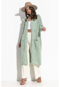 Fobya - Długi Sweter Kardigan z Kieszeniami - Zielony. Kolor: zielony. Materiał: poliester, akryl, poliamid, wełna. Długość: długie