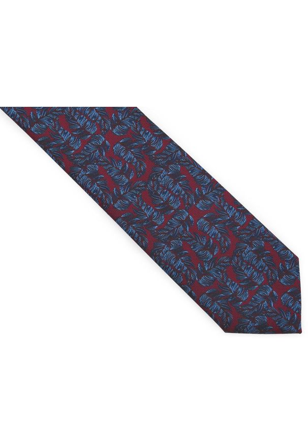 Adam Collection - Bordowy krawat męski w niebieskie liście D306. Kolor: wielokolorowy, czerwony, niebieski. Materiał: mikrofibra, tkanina