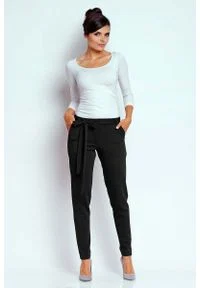 Nommo - Czarne Stylowe Spodnie z Wiązaną Szarfą. Kolor: czarny. Materiał: poliester, wiskoza. Styl: elegancki #1