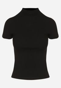 Born2be - Czarny Dopasowany T-shirt z Wiskozy z Golfem Isovera. Okazja: na spotkanie biznesowe, do pracy. Typ kołnierza: golf. Kolor: czarny. Materiał: wiskoza. Długość rękawa: krótki rękaw. Długość: krótkie. Wzór: aplikacja. Styl: elegancki, biznesowy