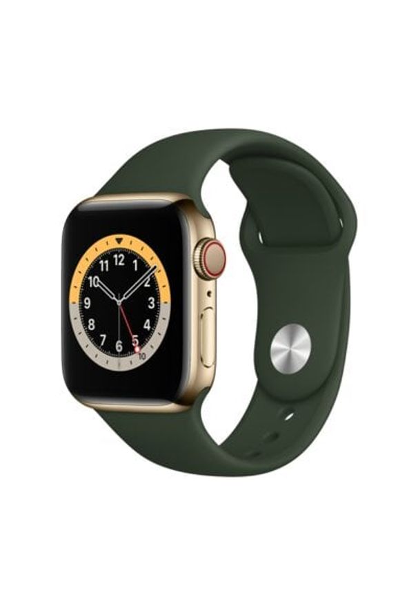 APPLE Watch 6 Cellular 44mm (Złoty z opaską sportową w kolorze zielonym). Rodzaj zegarka: smartwatch. Kolor: złoty, wielokolorowy, zielony. Materiał: poliester, nylon, guma, materiał. Styl: sportowy