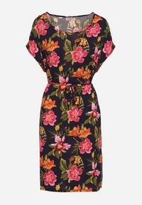 Born2be - Granatowo-Róźowa Wiskozowa Sukienka w Kwiaty z Materiałowym Paskiem w Talii Claristi. Okazja: na co dzień. Kolekcja: plus size. Kolor: niebieski. Materiał: wiskoza, materiał. Wzór: kwiaty. Sezon: lato. Typ sukienki: dla puszystych. Styl: klasyczny, casual, elegancki #3