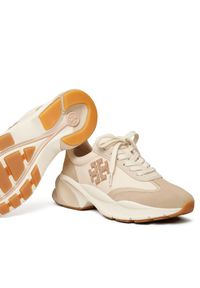 Tory Burch - TORY BURCH - Beżowe sneakersy z emblematem Good Luck. Kolor: brązowy. Materiał: materiał