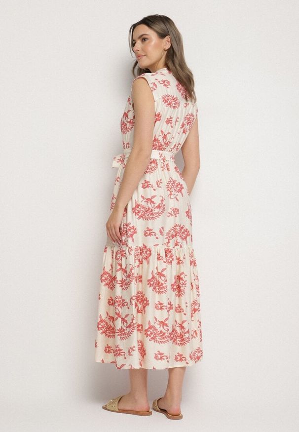 Born2be - Beżowo-Różowa Wiskozowa Sukienka w Abstrakcyjny Wzór z Paskiem Rinoriela. Okazja: na co dzień. Kolor: różowy. Materiał: wiskoza. Wzór: aplikacja. Typ sukienki: proste. Styl: elegancki, casual