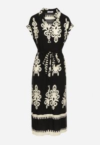 Born2be - Czarna Rozkloszowana Sukienka w Stylu Boho Zapinana na Guziki z Materiałowym Paskiem Inferi. Typ kołnierza: dekolt w serek. Kolor: czarny. Materiał: materiał. Długość rękawa: krótki rękaw. Styl: boho #7
