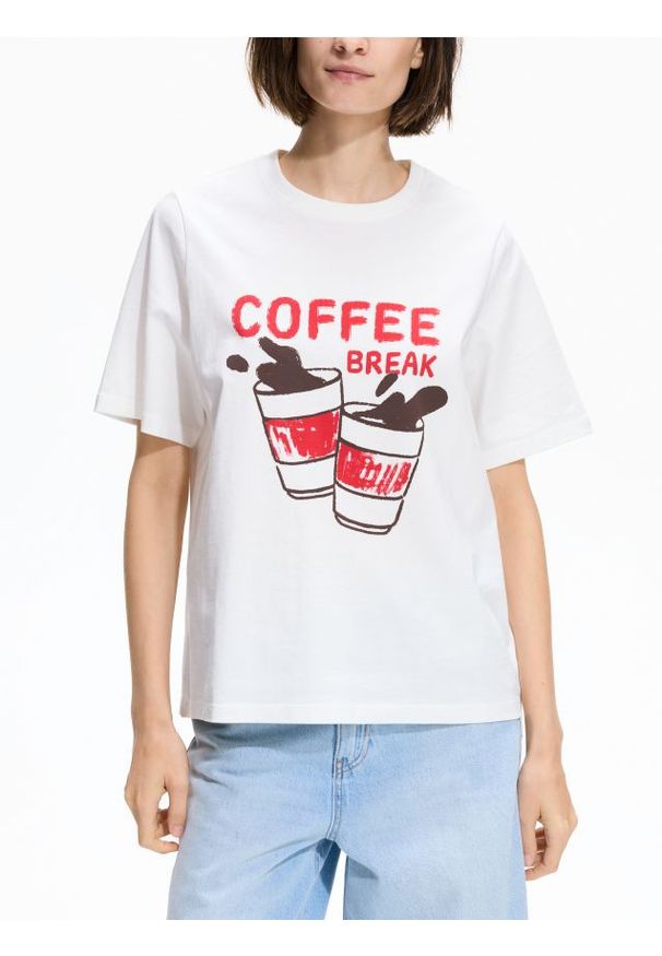 Reserved - Bawełniany t-shirt z nadrukiem - złamana biel. Materiał: bawełna. Wzór: nadruk