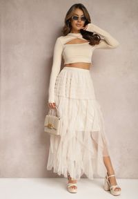 Renee - Jasnobeżowa Rozkloszowana Spódnica Maxi z Podszewką i Tiulem Esmerallda. Okazja: na co dzień. Kolor: beżowy. Materiał: tiul. Styl: elegancki, casual #4