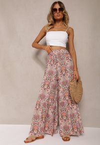 Renee - Różowo-Zielone Spodnie z Rozszerzanymi Nogawkami z Wiskozy High Waist z Gumką w Talii Nasie. Stan: podwyższony. Kolor: różowy. Materiał: wiskoza. Długość: długie. Styl: klasyczny, elegancki