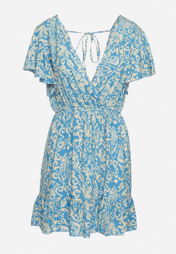 Born2be - Niebieska Rozkloszowana Bawełniana Sukienka z Gumką w Talii i Falbanami Nelsea. Okazja: na co dzień, na randkę. Typ kołnierza: dekolt w kształcie V. Kolor: niebieski. Materiał: bawełna. Długość rękawa: krótki rękaw. Typ sukienki: rozkloszowane. Styl: casual, wizytowy