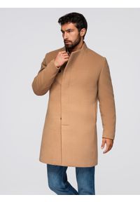 Ombre Clothing - Męski płaszcz z asymetrycznym zapięciem i wysokim kołnierzem – jasnobrązowy V4 - Rozmiar: XXL. Okazja: na co dzień. Kolor: brązowy. Materiał: syntetyk, wiskoza, poliester, materiał. Wzór: aplikacja, jednolity. Styl: wizytowy, casual, elegancki
