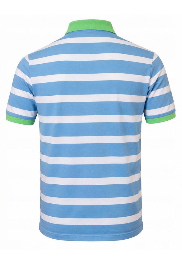 Męska Koszulka Polo - Pako Jeans - Biało-Niebieska w Paski. Okazja: na co dzień. Typ kołnierza: polo. Kolor: niebieski. Materiał: bawełna. Wzór: prążki, paski. Styl: casual