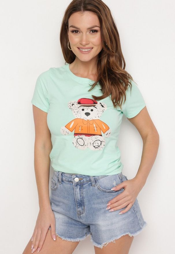 Born2be - Miętowy T-shirt Bawełniany z Nadrukiem Rusolia. Okazja: na co dzień, na spotkanie biznesowe, do pracy. Kolor: miętowy. Materiał: bawełna. Wzór: nadruk. Styl: klasyczny, biznesowy, casual