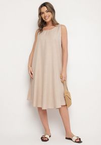 Born2be - Beżowa Rozkloszowana Klasyczna Sukienka Lunetira. Okazja: na spacer, na co dzień. Kolor: beżowy. Materiał: jeans. Typ sukienki: proste. Styl: klasyczny #3