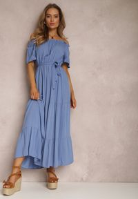 Renee - Niebieska Sukienka Amiphiphae. Kolor: niebieski. Materiał: materiał. Długość rękawa: krótki rękaw. Wzór: aplikacja. Długość: maxi