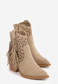 Born2be - Ciemnobeżowe Botki Kowbojki na Stożkowym Obcasie z Ażurowym Wzorem i Eathetina. Okazja: na co dzień. Kolor: beżowy. Materiał: jeans. Wzór: ażurowy. Obcas: na obcasie. Styl: boho, casual, elegancki. Wysokość obcasa: średni #5