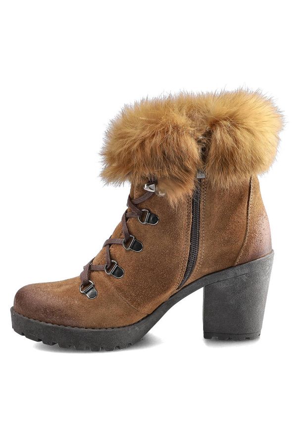 Botki damskie Lemar, ocieplane futerkiem i zapinane na suwak , brązowe, 60178-W. Zapięcie: sznurówki. Kolor: brązowy. Materiał: futro, zamsz, syntetyk. Szerokość cholewki: normalna. Sezon: zima. Obcas: na obcasie. Styl: elegancki. Wysokość obcasa: średni