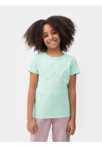 4f - T-shirt z nadrukiem dziewczęcy. Kolor: turkusowy. Materiał: bawełna. Wzór: nadruk