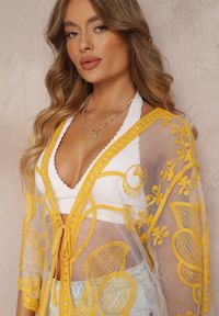 Renee - Żółta Przezroczysta Narzutka z Haftem i Wiązaniem w Pasie Miri. Kolor: żółty. Wzór: haft. Styl: boho #3