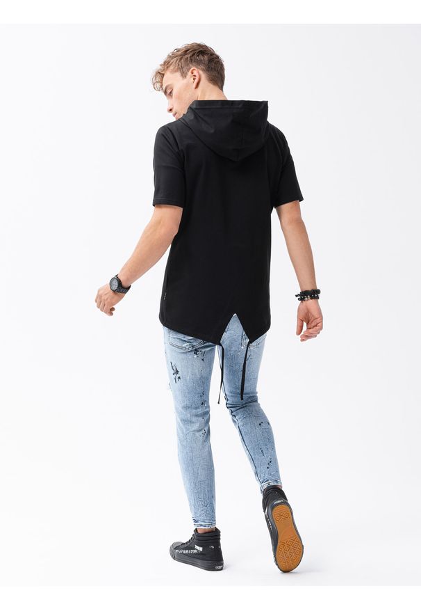 Ombre Clothing - Bluza męska rozpinana z krótkim rękawem B960 - czarna - XXL. Typ kołnierza: kaptur. Kolor: czarny. Materiał: dzianina, bawełna, poliester. Długość rękawa: krótki rękaw. Długość: krótkie. Wzór: gładki
