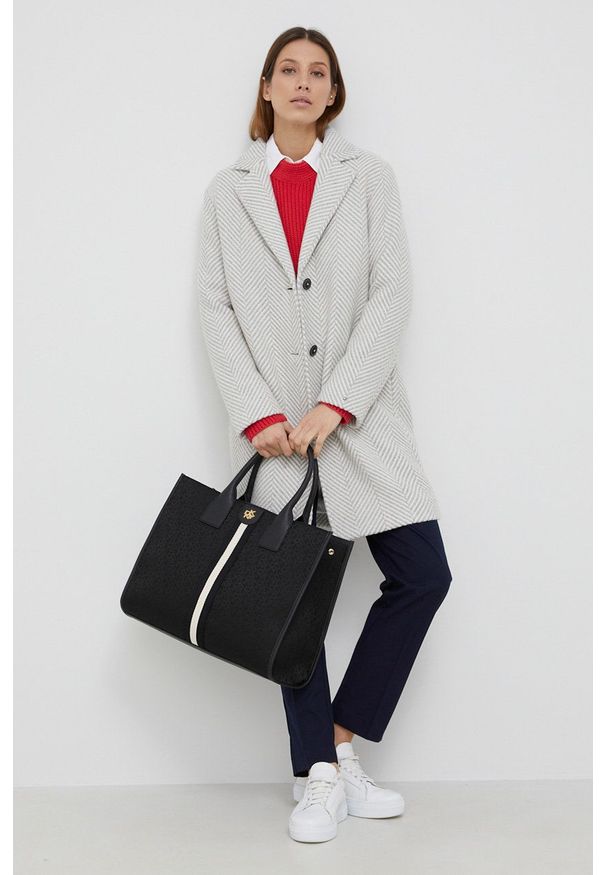 TOMMY HILFIGER - Tommy Hilfiger Płaszcz z domieszką wełny kolor szary przejściowy. Okazja: na co dzień. Kolor: szary. Materiał: wełna. Styl: casual, klasyczny