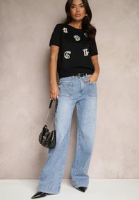 Renee - Czarny T-shirt z Cyrkoniami Perełkami i Naszywkami Silvivia. Okazja: na co dzień. Kolor: czarny. Materiał: jeans. Wzór: aplikacja. Styl: sportowy, casual #4