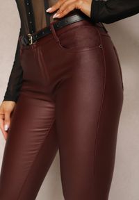 Renee - Bordowe Woskowane Spodnie Skinny High Waist Nanatis. Stan: podwyższony. Kolor: czerwony. Materiał: tkanina #2