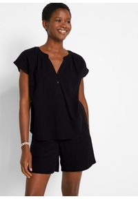 bonprix - Bluzka muślinowa z krótkim rękawem, z czystej bawełny. Typ kołnierza: dekolt w serek. Kolor: czarny. Materiał: bawełna. Długość rękawa: krótki rękaw. Długość: krótkie #1