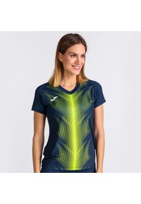 Damska koszulka Joma Olympie. Typ kołnierza: dekolt w serek. Kolor: niebieski, wielokolorowy, żółty. Materiał: materiał. Sport: fitness