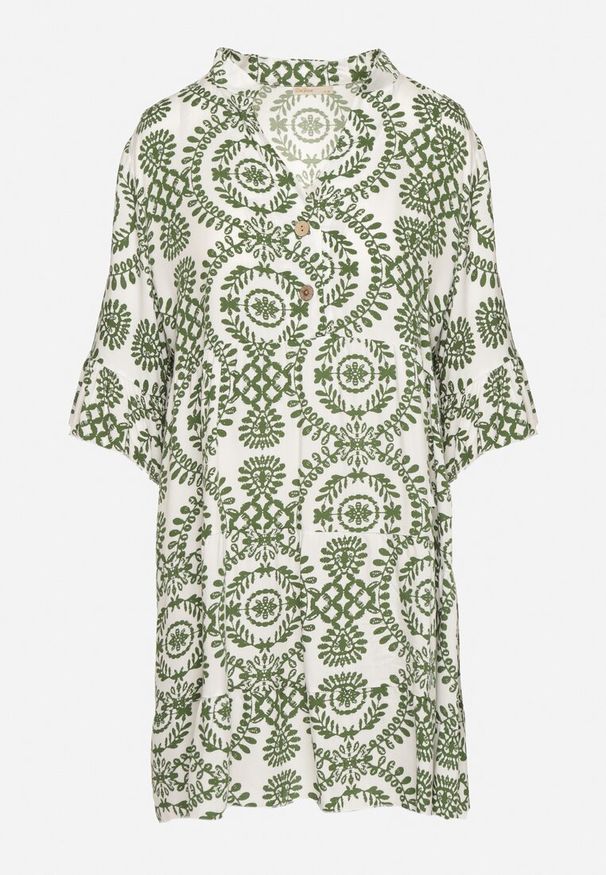 Born2be - Zielona Bawełniana Sukienka Rozkloszowana z Guzikami Janisse. Okazja: na co dzień. Kolor: zielony. Materiał: bawełna. Typ sukienki: rozkloszowane, proste. Styl: casual, klasyczny, elegancki