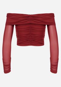 Born2be - Bordowa Siateczkowa Bluzka VICES z Odkrytymi Ramionami Ozdobiona Marszczeniem Tuvita. Okazja: na co dzień. Kolor: czerwony. Materiał: jeans. Wzór: aplikacja. Styl: casual #7
