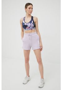 Guess szorty damskie kolor fioletowy z nadrukiem high waist. Stan: podwyższony. Kolor: fioletowy. Wzór: nadruk #3