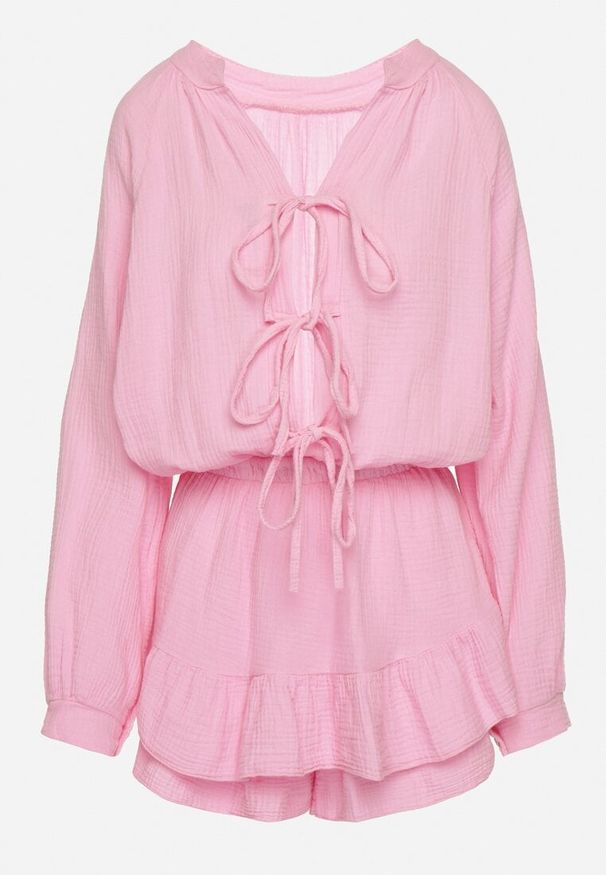 Born2be - Różowy Wiązany Bawełniany Kombinezon Boho z Falbankami i Wiązaniem Lalelia. Okazja: na imprezę, na co dzień. Kolor: różowy. Materiał: bawełna. Sezon: lato. Styl: boho