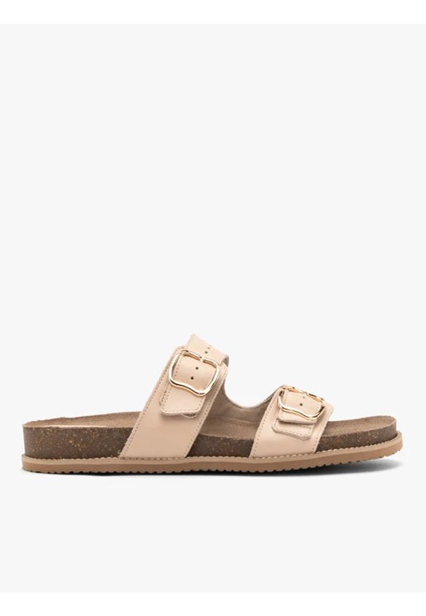 Ryłko - Beżowe klapki damskie płaskie. Kolor: beżowy. Materiał: skóra. Sezon: lato. Styl: street, wakacyjny