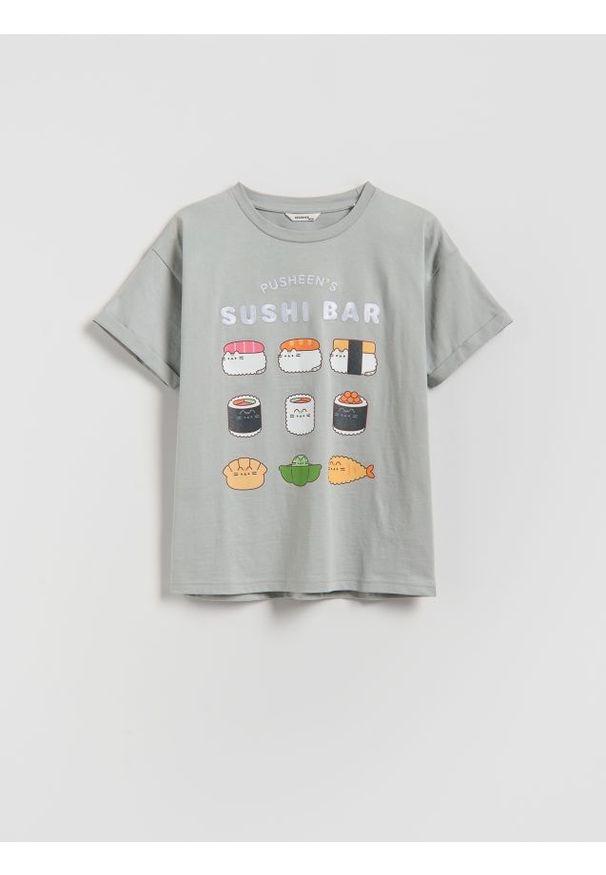 Reserved - T-shirt Pusheen - jasnoszary. Kolor: szary. Materiał: bawełna