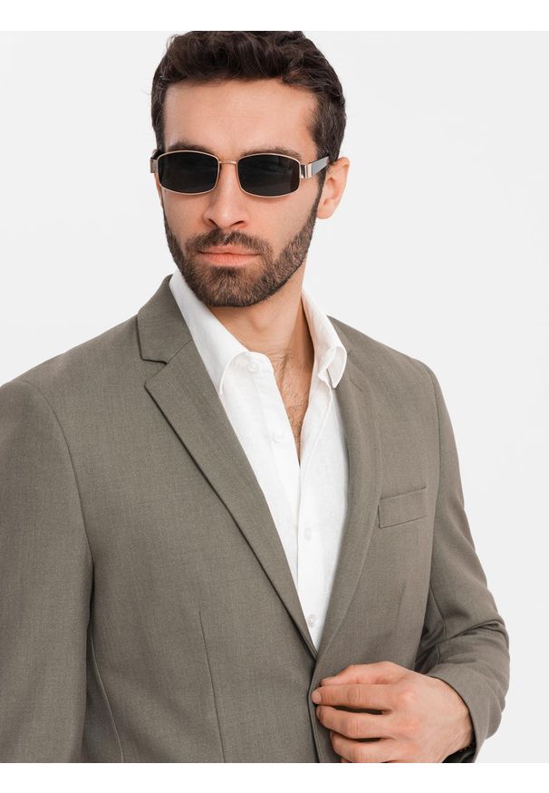 Ombre Clothing - Męska elegancka marynarka SLIM FIT z rayonem – oliwkowa V5 - Rozmiar: M. Kolor: oliwkowy. Materiał: tkanina, poliester, materiał. Wzór: ze splotem. Styl: elegancki