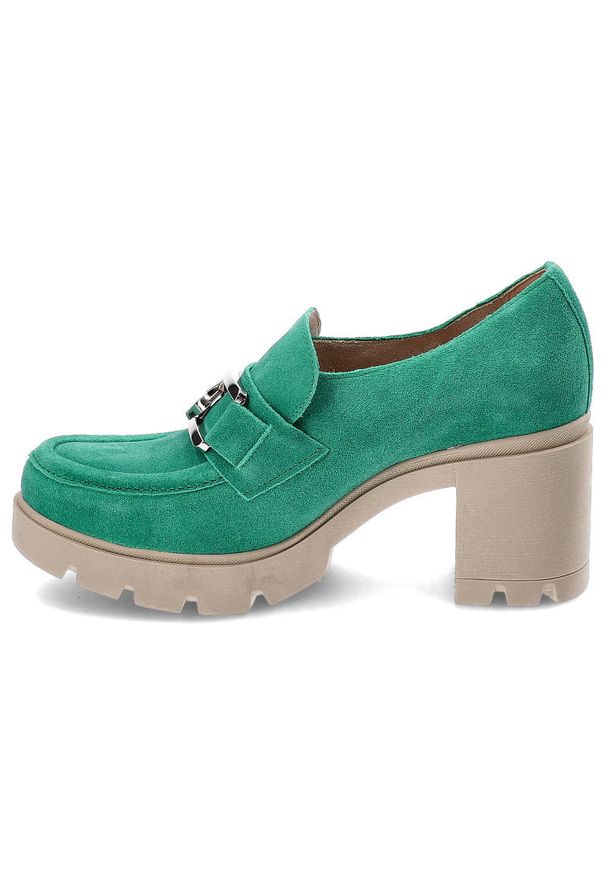 Zielone Półbuty Lemar Damskie Eleganckie Buty. Zapięcie: klamry. Kolor: zielony. Materiał: zamsz. Obcas: na obcasie. Styl: elegancki. Wysokość obcasa: średni