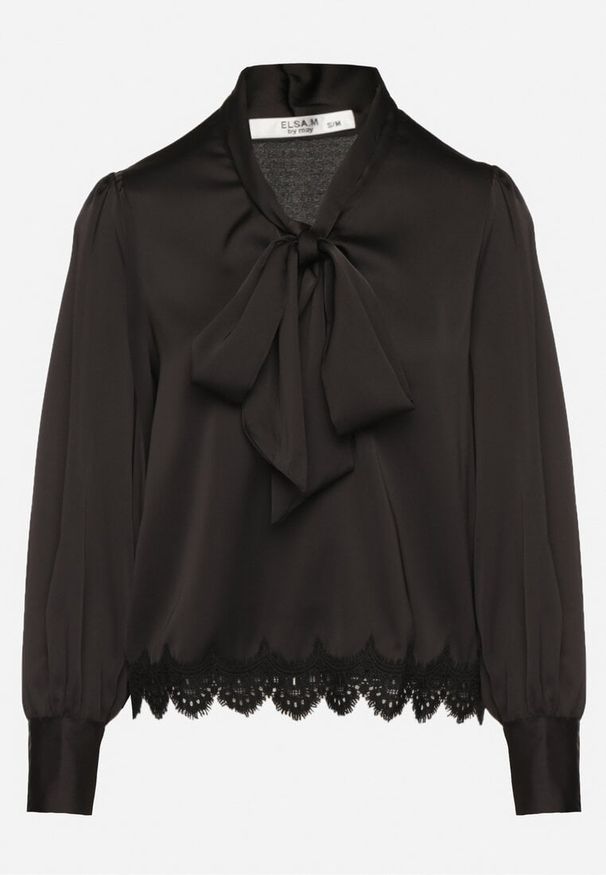 Born2be - Czarna Bluzka z Ażurowym Zdobieniem i Wiązaniem na Dekolcie Halawena. Okazja: na co dzień. Kolor: czarny. Materiał: jeans. Długość rękawa: długi rękaw. Długość: długie. Wzór: ażurowy, aplikacja. Styl: casual, elegancki