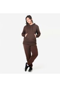 DOMYOS - Bluza z kapturem damska Domyos Gym & Pilates. Typ kołnierza: kaptur. Kolor: brązowy. Materiał: materiał, prążkowany, poliester, bawełna, elastan, tkanina. Długość: długie. Sport: joga i pilates