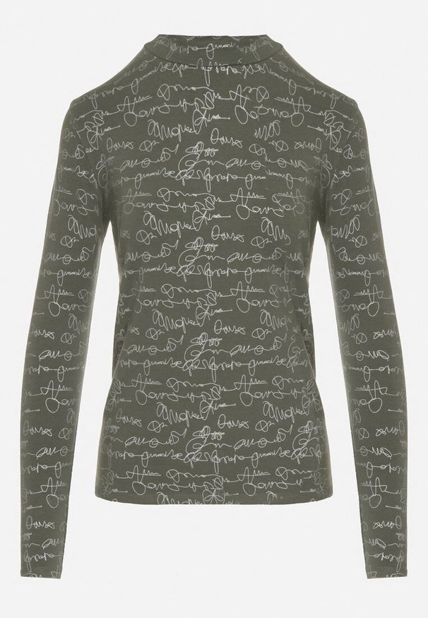 Born2be - Zielona Bluzka z Bawełny w Stylu Longsleeve z Półgolfem w Literowy Nadruk Azelenia. Okazja: na co dzień. Kolor: zielony. Materiał: bawełna. Długość rękawa: długi rękaw. Wzór: nadruk. Styl: casual