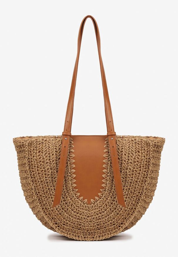 Renee - Ciemnobeżowa Jednokomorowa Torebka z Plecionej Rafii w Stylu Boho Idarkia. Kolor: beżowy. Wzór: paski. Sezon: lato. Styl: boho