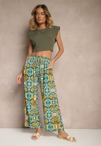 Renee - Zielone Bawełniane Spodnie High Waist Szerokie we Wzór Boho Tolioria. Okazja: do pracy, na co dzień. Stan: podwyższony. Kolor: zielony. Materiał: bawełna. Styl: boho