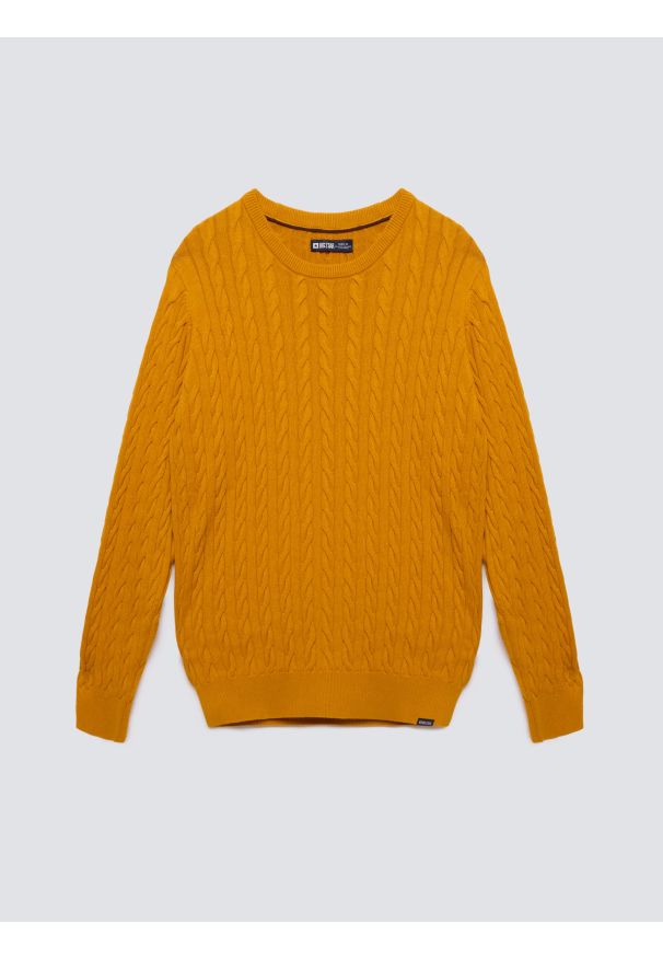 Big-Star - Sweter męski ze splotem warkoczowym żołty Amaris 201. Okazja: na co dzień. Kolor: żółty. Materiał: jeans, dzianina. Wzór: ze splotem. Styl: klasyczny, casual