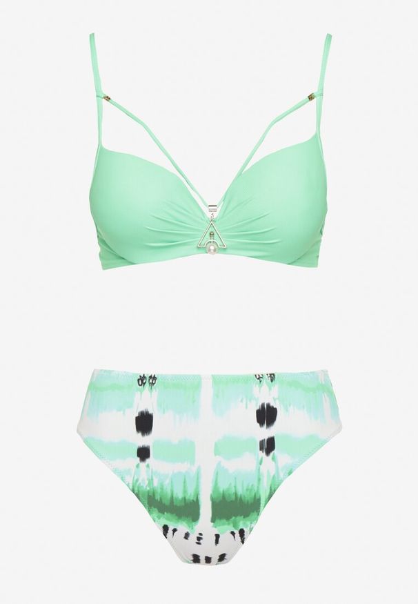 Renee - Ciemnozielone Bikini Majtki Figi i Biustonosz Push-Up Ozdobiony Paskami Wiobella. Kolor: zielony. Wzór: aplikacja