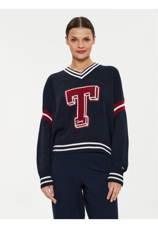 Tommy Jeans Sweter Letterman DW0DW18519 Granatowy Oversize. Kolor: niebieski. Materiał: syntetyk