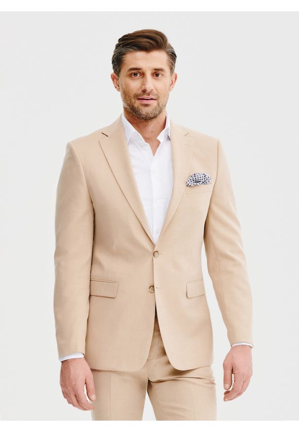 Pako Lorente - PAKO LORENTE – Beżowa marynarka garniturowa. Kolor: beżowy. Materiał: wiskoza, poliester, elastan. Wzór: gładki
