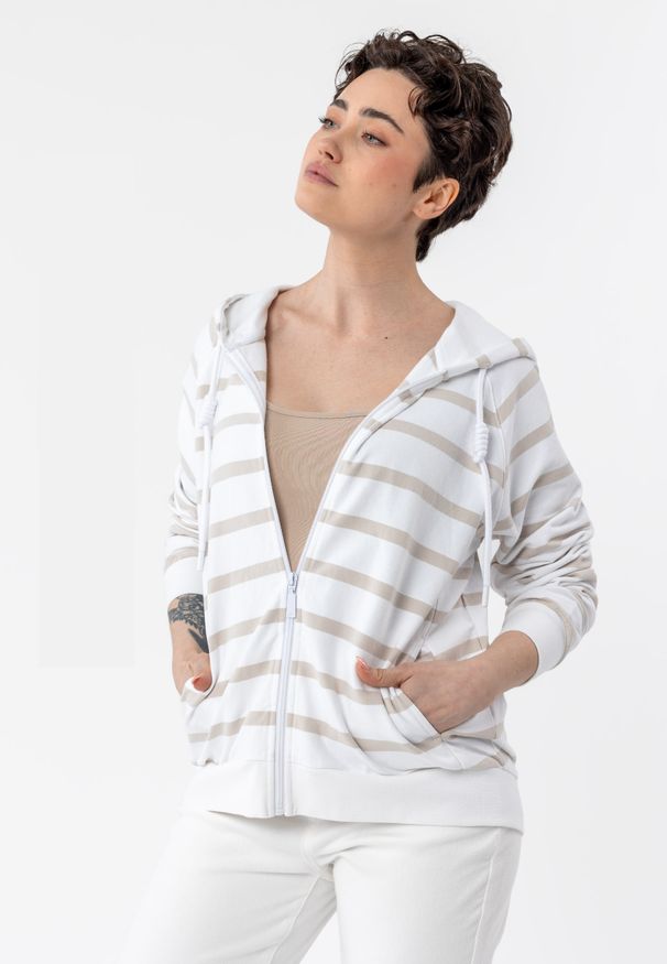 Volcano - Bluza w paski z kapturem B-KIRA. Okazja: na co dzień. Typ kołnierza: kaptur. Kolor: beżowy. Materiał: bawełna, materiał. Długość rękawa: raglanowy rękaw. Wzór: paski. Styl: casual, sportowy