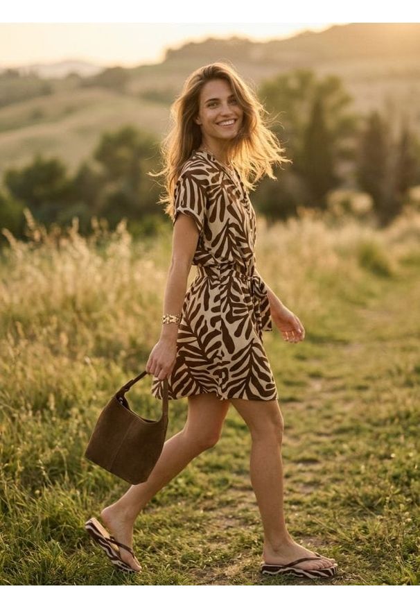 Sinsay - Wiskozowa sukienka mini z materiałowym paskiem - brązowy. Kolor: brązowy. Materiał: wiskoza, materiał. Długość: mini